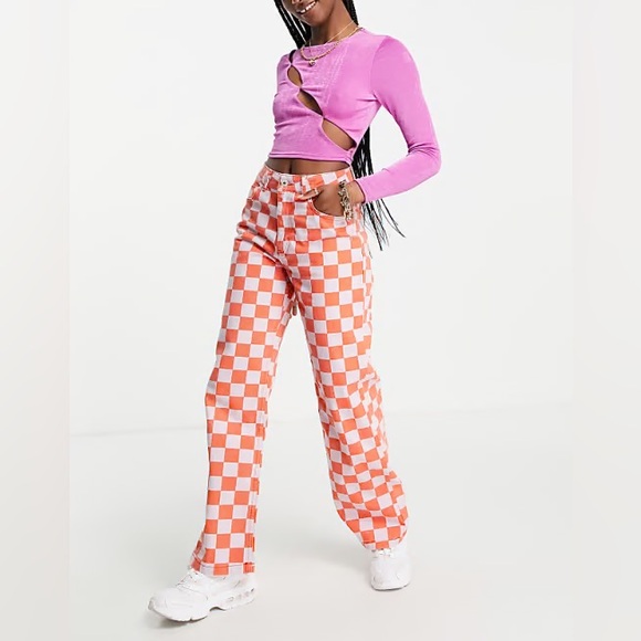 Ragged Priest Checkered Denim Jeans Red/Purple - Picture 1 of 5